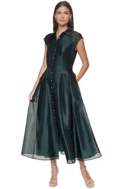 Halston Embellished Organza Midi Shirt Dress In Green