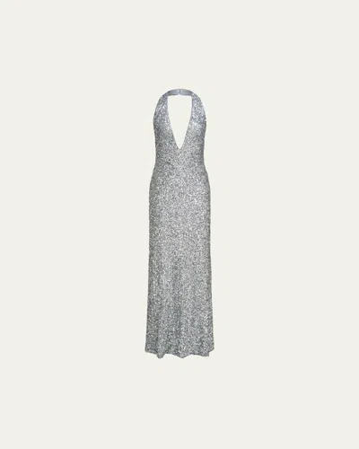 HALSTON ENA SEQUIN DEEP V-NECK COLUMN GOWN