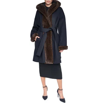 Halston Faux Fur Trim Wool Blend Hooded Coat In Blue