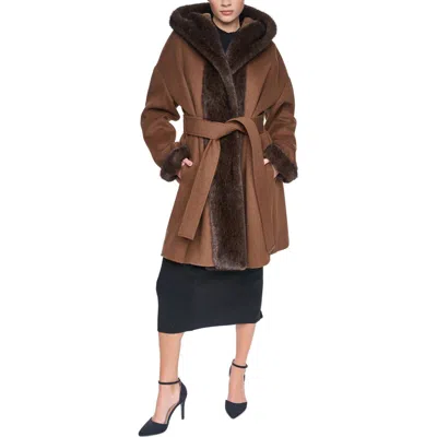 Halston Faux Fur Trim Wool Blend Hooded Coat In Brown