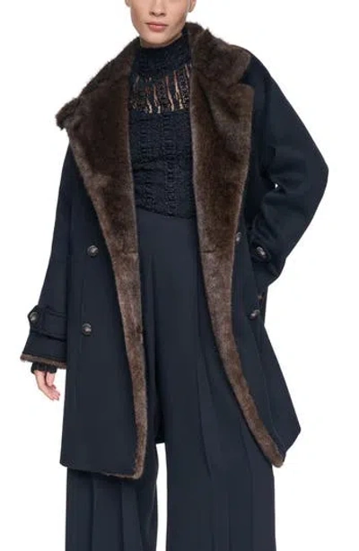 Halston Faux Mink Trim Double Breasted Wool Blend Coat In Blue