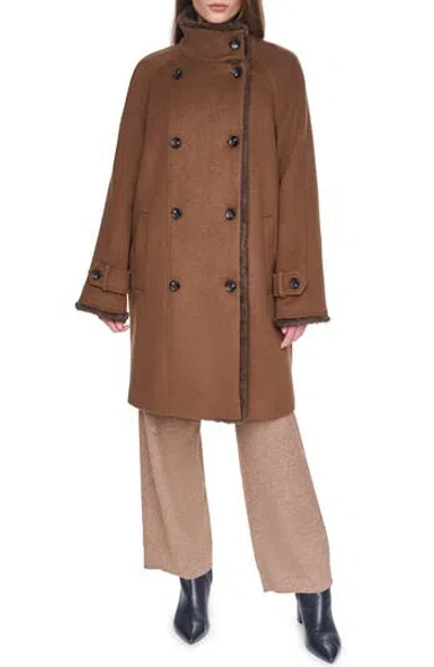 Halston Faux Mink Trim Double Breasted Wool Blend Coat In Brown
