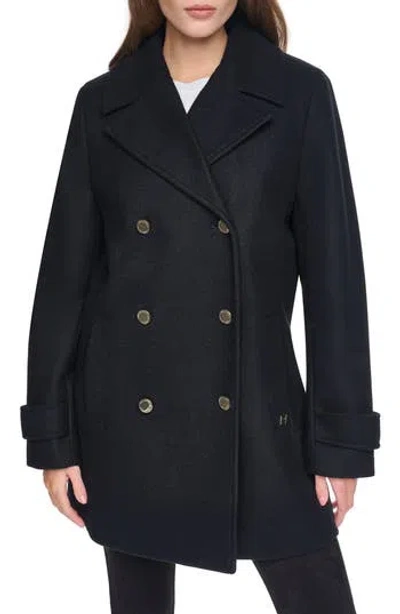 Halston Faux Wool Peacoat In Black