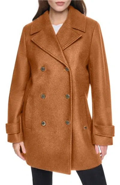 Halston Faux Wool Peacoat In Brown