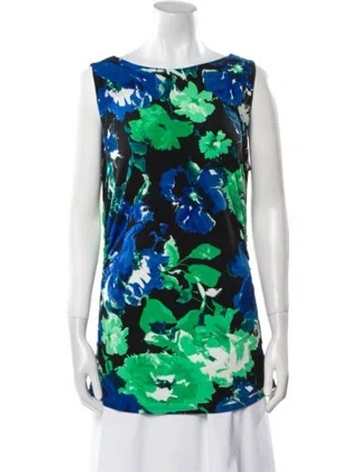 Pre-owned Halston Floral Print Bateau Neckline Tunic In Green