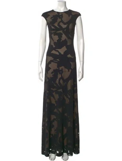 Pre-owned Halston Floral Print Long Dress In Black
