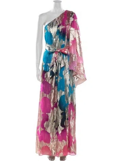 Pre-owned Halston Floral Print Long Dress In Metallic/purple