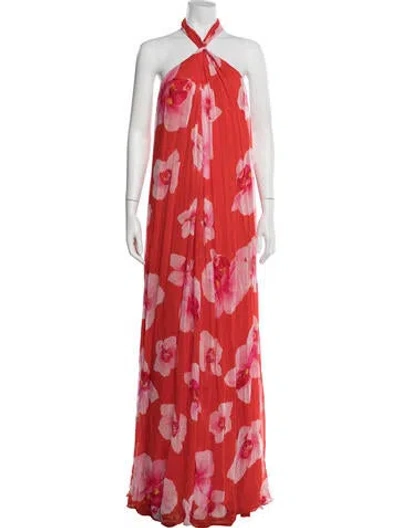 Pre-owned Halston Floral Print Long Dress In Red