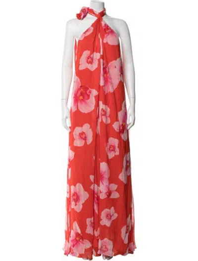 Pre-owned Halston Floral Print Long Dress In Red