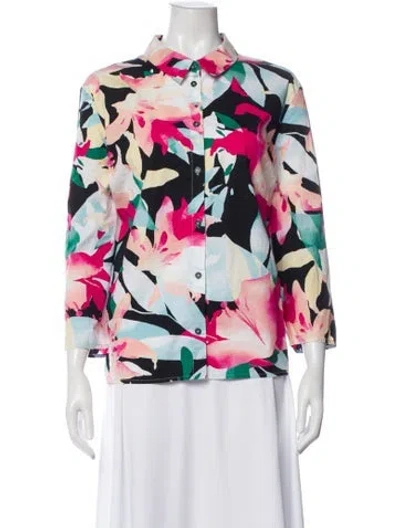 Pre-owned Halston Floral Print Long Sleeve Button-up Top In Multi