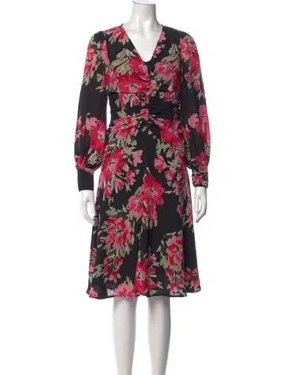 Pre-owned Halston Floral Print Midi Length Dress In Black