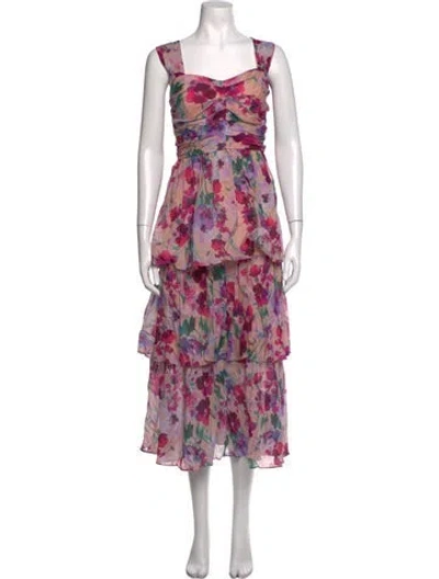 Pre-owned Halston Floral Print Midi Length Dress W/ Tags In Pink