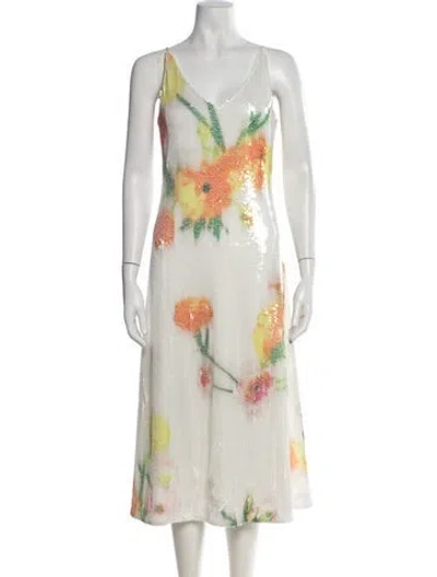 Pre-owned Halston Floral Print Midi Length Dress In White