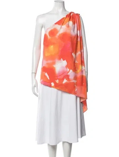 Pre-owned Halston Floral Print One-shoulder Top In Orange