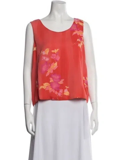 Pre-owned Halston Floral Print Scoop Neck Top In Orange