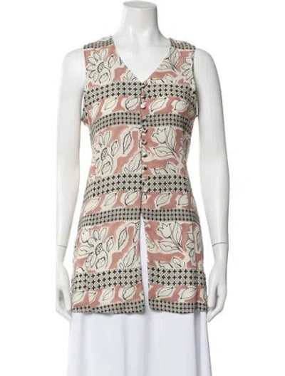 Pre-owned Halston Floral Print Square Neckline Top In White