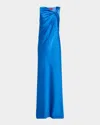 Halston Francine Twist-front Satin Column Gown In Blue
