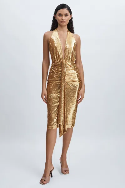 Halston Gold Halterneck Plunge Dress