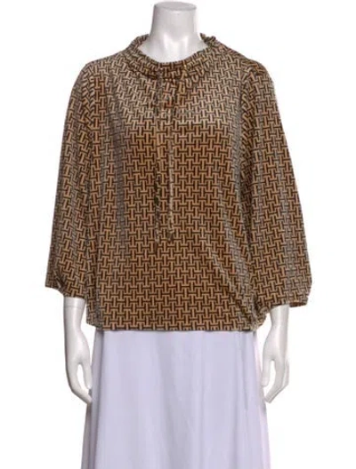 Pre-owned Halston Graphic Print Tie Neck Top W/ Tags In Neutrals