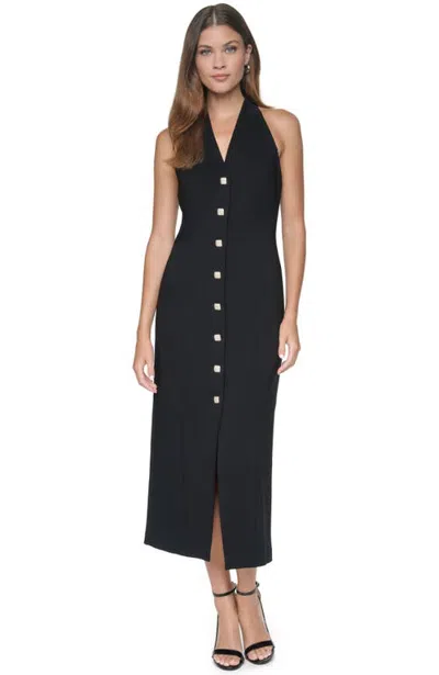 Halston Halter Button-front Midi Dress In Black