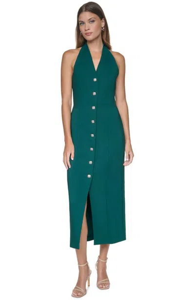 Halston Halter Button-front Midi Dress In Green
