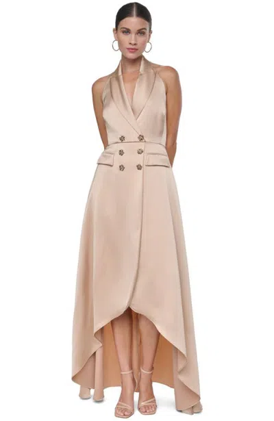 Halston Halter Tuxedo High-low Gown In Neutral