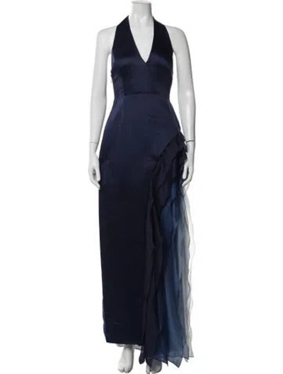 Pre-owned Halston Halterneck Long Dress In Blue