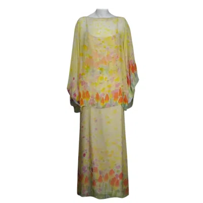 Pre-owned Halston Hand Painted Silk Chiffon Tulips In Brown