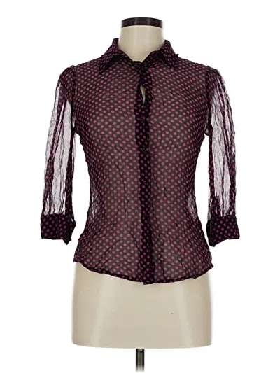 Pre-owned Halston Heritage 3/4 Sleeve Silk Top Burgundy Polka Dots Pattern Mock Neckline Tops