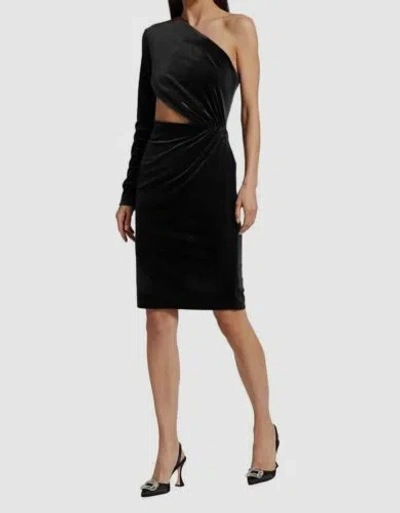 Pre-owned Halston Heritage $395 Halston Women's Black Velvet One Shoulder Cutout-waist Bodycon Dress Size 6