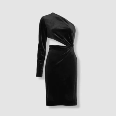 Pre-owned Halston Heritage $395 Halston Women's Black Velvet One Shoulder Cutout Waist Bodycon Dress Sz 2