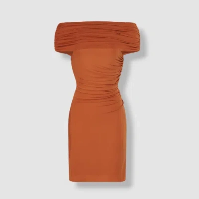 Pre-owned Halston Heritage $395 Halston Women's Orange Ruched Off-the-shoulder Bodycon Dress Size 4