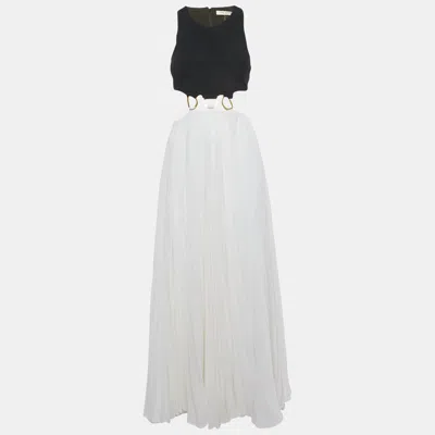 Pre-owned Halston Heritage Black & White Color Block Cutout Plisses Midi Dress S
