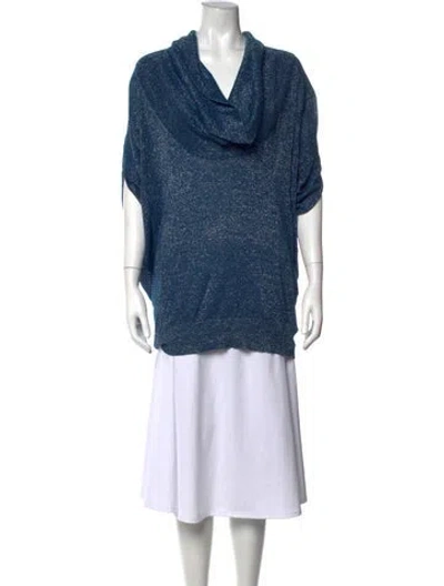 Pre-owned Halston Heritage Cowl Neck Short Sleeve Top In Blue/metallic