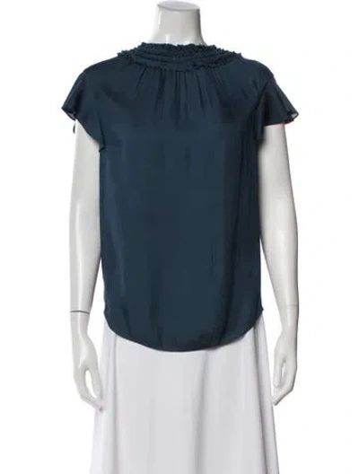 Pre-owned Halston Heritage Crew Neck Short Sleeve Blouse In Blue
