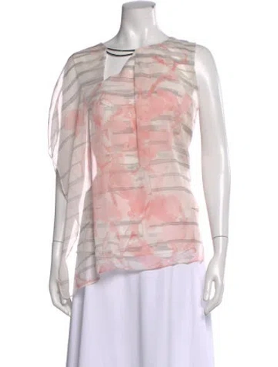 Pre-owned Halston Heritage Floral Print Asymmetrical Blouse In White