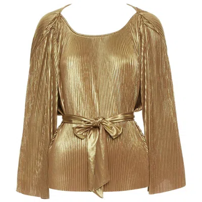 Pre-owned Halston Heritage Gold Accordion Pleated Gathered Shoulder Tie Goddess Top Us10 L In Brown