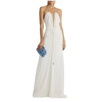 Pre-owned Halston Heritage Halston Limited Edition Chalk Jersey Netflix Grace Ruched Long Formal Gown: 14 In White