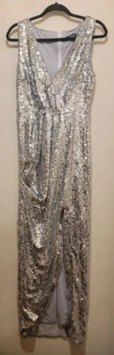 Pre-owned Halston Heritage Halston Sequined Draped Slit Evening Gown Silver Sz Small ( Sz 4/6)