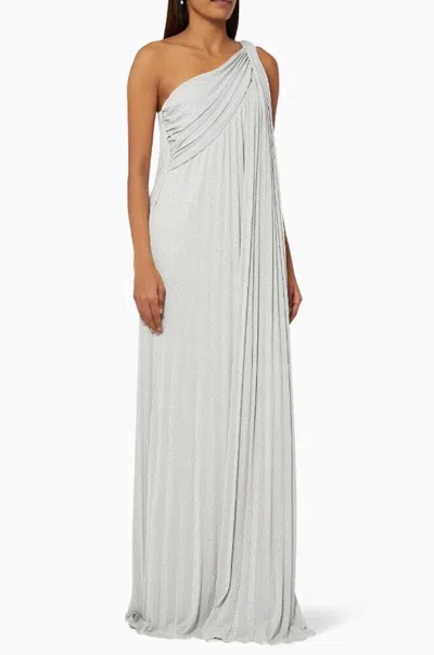 Pre-owned Halston Heritage Halston Women's Size 6 Priya Pleated Gown In Silver Shimmery Knit
