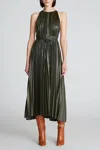 HALSTON HERITAGE NOAH DRESS IN PLEATED LEATHER IN FORREST