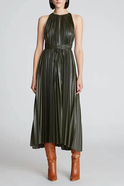 Halston Heritage Noah Dress In Pleated Leather In Forrest In Green