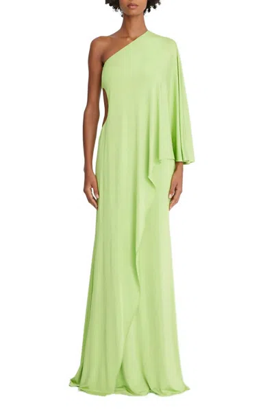 Halston Heritage One Shoulder Column Cascade Jersey Gown In Neon Green
