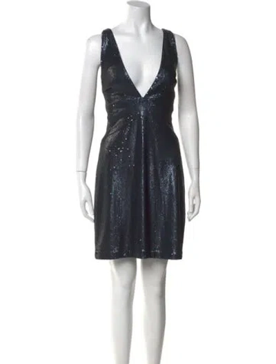 Pre-owned Halston Heritage Plunge Neckline Mini Dress In Blue