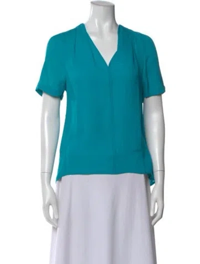 Pre-owned Halston Heritage Silk V-neck Blouse In Blue