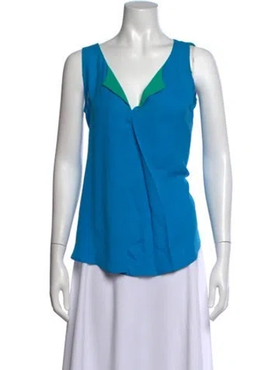 Pre-owned Halston Heritage Silk V-neck Top In Blue