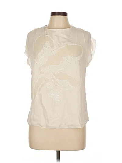 Pre-owned Halston Heritage Sleeveless Silk Top Ivory Floral Pattern Boatneck Tops In White