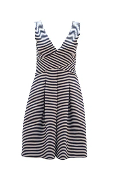 Halston Heritage Sleeveless Stripe Dress In Blue Print Polyester
