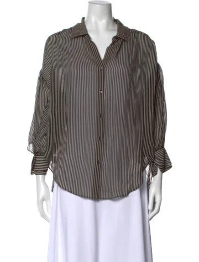 Pre-owned Halston Heritage Striped V-neck Button-up Top In Black