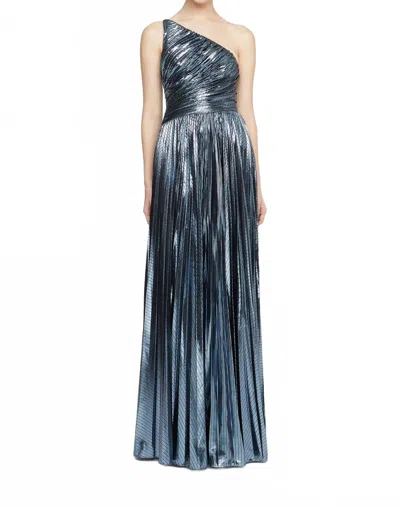 Halston Heritage Terese Pleated Metallic One Shoulder Gown In Slate Blue